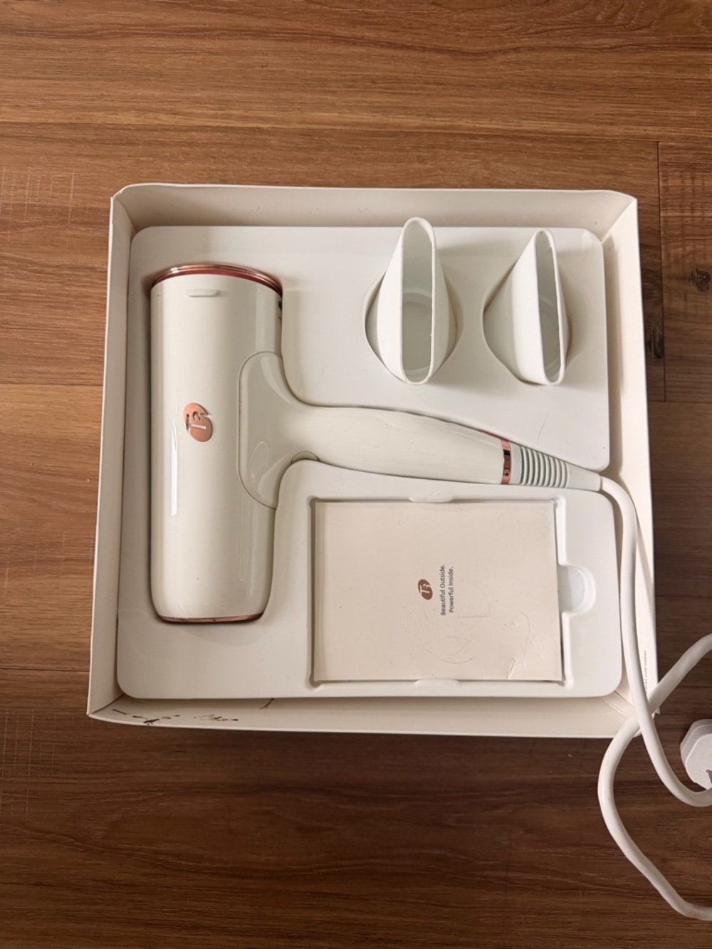 T3 White and Rose Gold Compact Hair Dryer with Nozzle Attachments